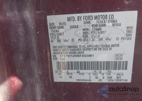 2006 Ford F-150 Lariat/Xlt из США, поврежденный, VIN 1FTPW12596FA03481